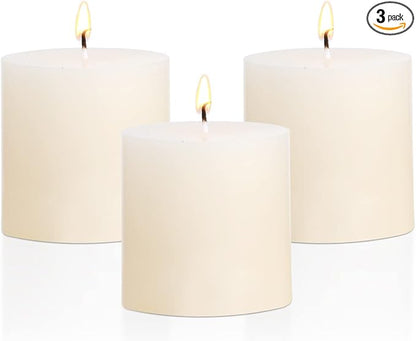 3×3 Ivory Pillar Candles Set of 3 Unscented Handpoured Weddings, Home Decoration, Restaurants, Spa, Church Smokeless Cotton Wick - Ivory 90 Hour