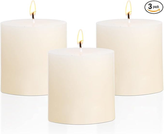 3×3 Ivory Pillar Candles Set of 3 Unscented Handpoured Weddings, Home Decoration, Restaurants, Spa, Church Smokeless Cotton Wick - Ivory 90 Hour