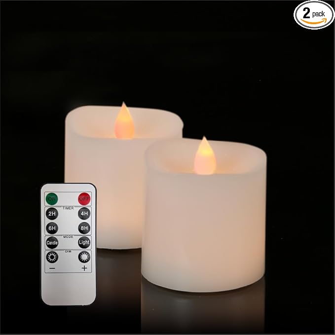 3x3 Flickering Flameless Candles Set of 2,3 inch Real Wax LED 600 Hours Battery Candles with Timer Remote,Control for Wedding Party Indoor, White
