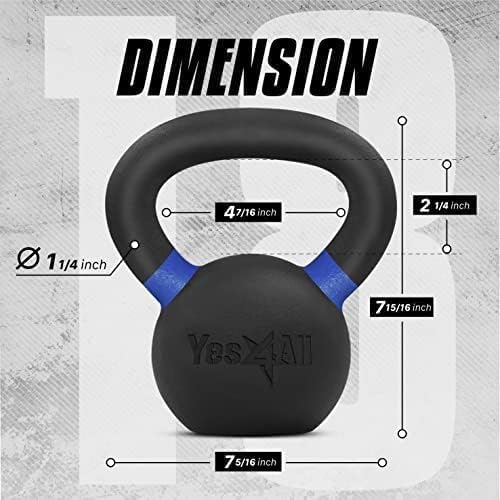 Yes4All Kettlebell, Heavy Duty Powder Coated Cast Iron Kettlebells, Non-Slip Handle & Flat Bottom for Conditioning, Strength Training & Full Body Exercises at Home Gym - Single & Pair