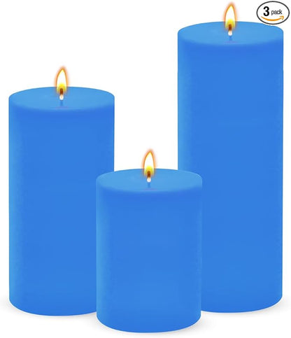 3 Packs Different Size Light Blue Pillar Candles, Unscented Dripless Non-Toxic Smokeless 3x4, 3x6, 3x8 Inch Colored Cylinder Candles for Halloween Wedding, Dinner Table, Party, Power Outage, Emergency
