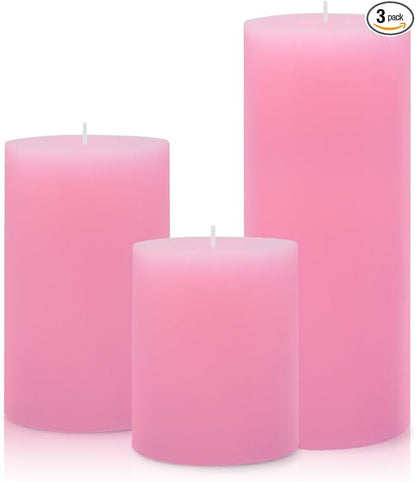 3 Packs Different Size Pink Pillar Candles, Unscented Dripless 2.75x3, 2.75x4, 2.75x6 Inch Pastel Colored Long Lasting Burning Cylinder Wax Candles for Home Power Outage Dinner Table Decoration