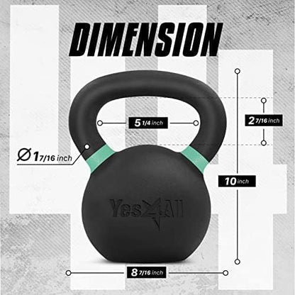 Yes4All Kettlebell, Heavy Duty Powder Coated Cast Iron Kettlebells, Non-Slip Handle & Flat Bottom for Conditioning, Strength Training & Full Body Exercises at Home Gym - Single & Pair