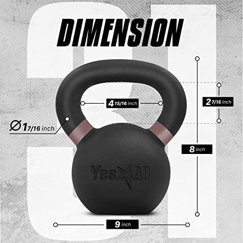 Yes4All Kettlebell, Heavy Duty Powder Coated Cast Iron Kettlebells, Non-Slip Handle & Flat Bottom for Conditioning, Strength Training & Full Body Exercises at Home Gym - Single & Pair