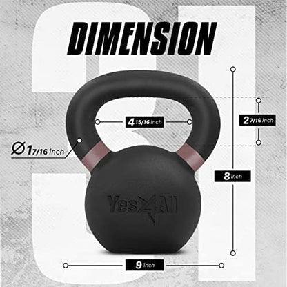 Yes4All Kettlebell, Heavy Duty Powder Coated Cast Iron Kettlebells, Non-Slip Handle & Flat Bottom for Conditioning, Strength Training & Full Body Exercises at Home Gym - Single & Pair
