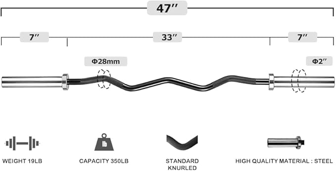 Chong Olympic Barbell 47Inch-4FT-350lb /86Inch-7FT-1500lb EZ Curl Weight Bar, Capacity Chrome Barbells for Gym Home Strength Training,Weightlifting,Power Lifting