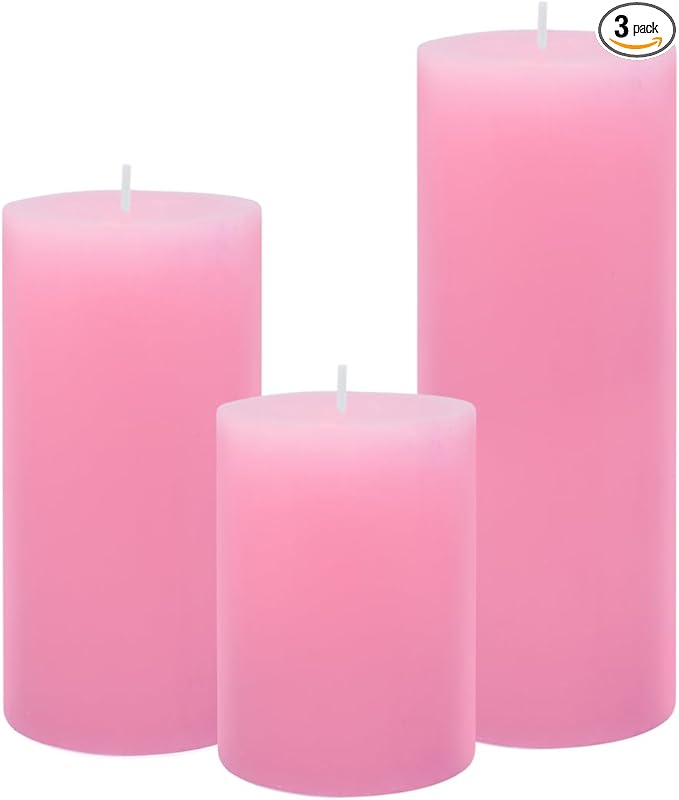 3 Packs Different Size 3x4, 3x6, 3x8 Inch Pink Pillar Candles, Unscented Non-Toxic Dripless Cylinder Pastel Color Candles for Wedding, Home Decor, Dinner Table, Party, Power Outage, Emergency