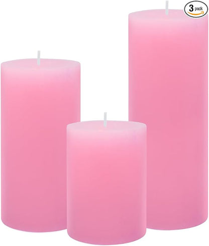 3 Packs Different Size 3x4, 3x6, 3x8 Inch Pink Pillar Candles, Unscented Non-Toxic Dripless Cylinder Pastel Color Candles for Wedding, Home Decor, Dinner Table, Party, Power Outage, Emergency