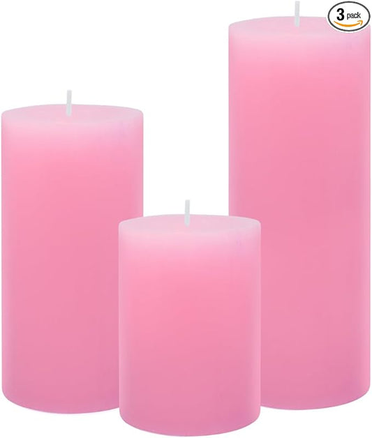 3 Packs Different Size 3x4, 3x6, 3x8 Inch Pink Pillar Candles, Unscented Non-Toxic Dripless Cylinder Pastel Color Candles for Wedding, Home Decor, Dinner Table, Party, Power Outage, Emergency