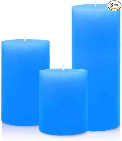 Set of 3 Different Size Light Blue Pillar Candles, Unscented Dripless 2.75x3, 2.75x4, 2.75x6 Inch Long Lasting Cylinder Wax Candles for Home Power Outage Dinner Table Decoration