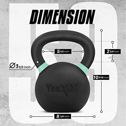 Yes4All Kettlebell, Heavy Duty Powder Coated Cast Iron Kettlebells, Non-Slip Handle & Flat Bottom for Conditioning, Strength Training & Full Body Exercises at Home Gym - Single & Pair