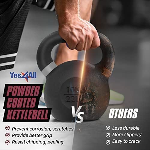 Yes4All Kettlebell, Heavy Duty Powder Coated Cast Iron Kettlebells, Non-Slip Handle & Flat Bottom for Conditioning, Strength Training & Full Body Exercises at Home Gym - Single & Pair