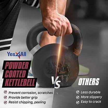 Yes4All Kettlebell, Heavy Duty Powder Coated Cast Iron Kettlebells, Non-Slip Handle & Flat Bottom for Conditioning, Strength Training & Full Body Exercises at Home Gym - Single & Pair