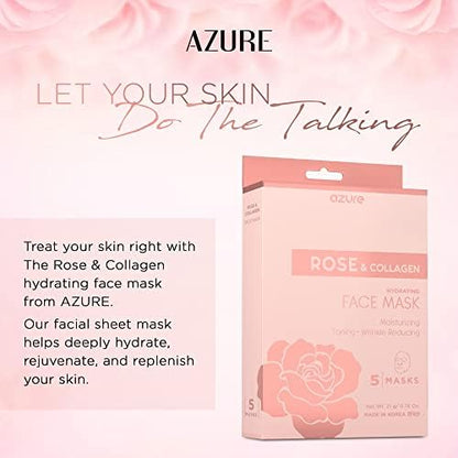 AZURE Rose & Collagen Hydrating Facial Sheet Mask - Toning, Lifting & Deeply Moisturizing - Reduces Fine Lines & Wrinkles, Reduces Signs of Aging & Dry Patches - Skin Care Made in Korea - 10 Pack