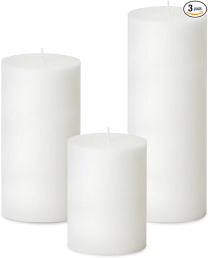 3 Packs Unscented Different Sizes White Pillar Candles, Non-Toxic Dripless Smokeless 3x4, 3x6, 3x8 Inch Cylinder Candles for Wedding, Home Decor, Dinner Table, Party, Power Outage, Emergency