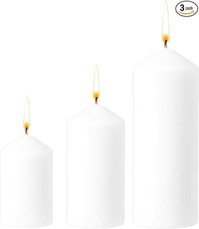 3 Pcs White Pillar Candles Bulk Set，Hurricane Candlesï¼? Different Lengths 2 x 3/4/6 Inch，Dripless Unscented Smokeless，Gives You a Better Atmosphere When Organizing an Event Party.