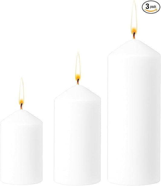 3 Pcs White Pillar Candles Bulk Set，Hurricane Candlesï¼? Different Lengths 2 x 3/4/6 Inch，Dripless Unscented Smokeless，Gives You a Better Atmosphere When Organizing an Event Party.