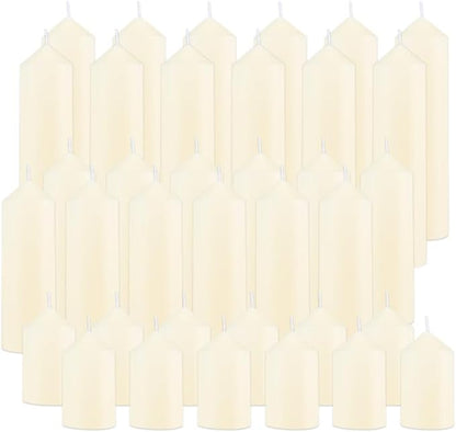 36 Pcs Pillar Candles, Unscented Ivory White Pillar Candles Bulk Set, Long Burning Wax Candles Dripless Smokeless for Wedding Centerpieces, Fireplace, Special Occasion, 2 in by 3, 5.9, 7.8 in