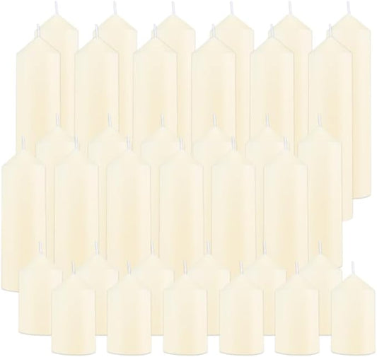 36 Pcs Pillar Candles, Unscented Ivory White Pillar Candles Bulk Set, Long Burning Wax Candles Dripless Smokeless for Wedding Centerpieces, Fireplace, Special Occasion, 2 in by 3, 5.9, 7.8 in