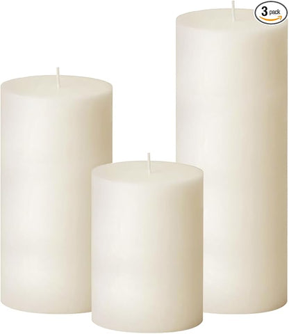 3 Packs Different Sizes Ivory Pillar Candles, Non-Toxic Unscented Dripless Smokeless 3x4, 3x6, 3x8 Inch Plain Cylinder Candles for Wedding, Home Decor, Dinner Table, Party, Power Outage, Emergency