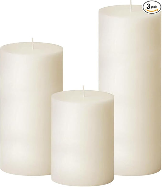 3 Packs Different Sizes Ivory Pillar Candles, Non-Toxic Unscented Dripless Smokeless 3x4, 3x6, 3x8 Inch Plain Cylinder Candles for Wedding, Home Decor, Dinner Table, Party, Power Outage, Emergency