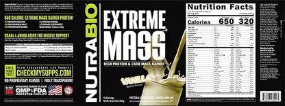 NutraBio Extreme Mass Gainer Protein Powder, 53G Protein, Clean Weight Gainer, Increase Muscle Mass, Full Spectrum Amino Acid - Vanilla, 6 Pound