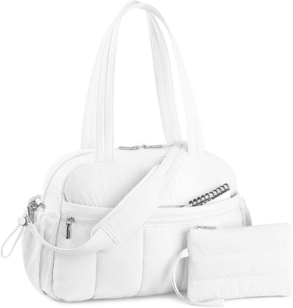 TOPDesign Travel Duffel Bag for Women, Puffer Gym Bag Sports Tote with Wet Pocket, Carry On Weekender with Luggage Sleeve (White)