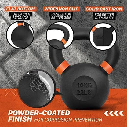 Yes4All Kettlebell, Heavy Duty Powder Coated Cast Iron Kettlebells, Non-Slip Handle & Flat Bottom for Conditioning, Strength Training & Full Body Exercises at Home Gym - Single & Pair