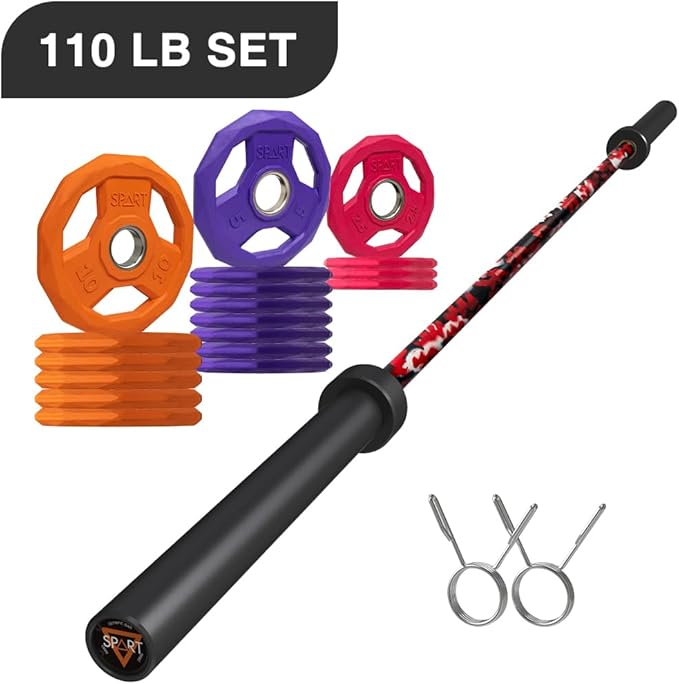 7FT Olympic Barbell Bar with Weight Plate Set Combo, Solid Olympic Bar with Bearings, 700Lbs Capacity Weight Bar for Home Gym Strength Training, Weightlifting, Powerlifting, Fit for 2" Olympic Plates