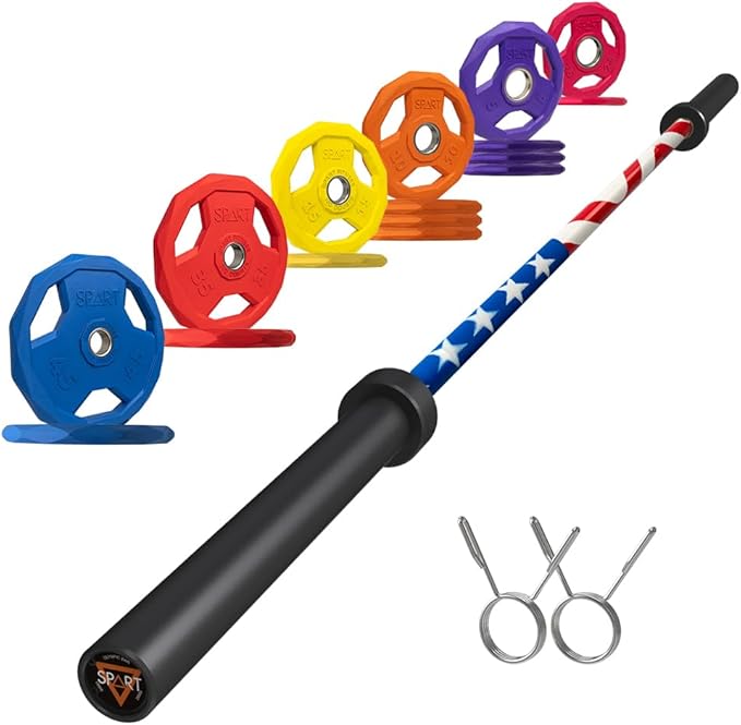 7FT Olympic Barbell Bar with Weight Plate Set Combo, Solid Olympic Bar with Bearings, 700Lbs Capacity Weight Bar for Home Gym Strength Training, Weightlifting, Powerlifting, Fit for 2" Olympic Plates