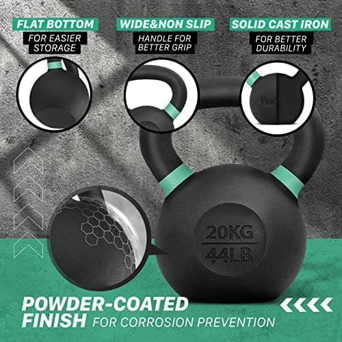 Yes4All Kettlebell, Heavy Duty Powder Coated Cast Iron Kettlebells, Non-Slip Handle & Flat Bottom for Conditioning, Strength Training & Full Body Exercises at Home Gym - Single & Pair
