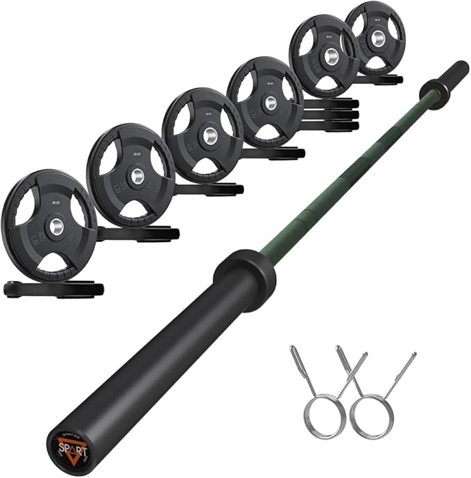 7FT Olympic Barbell Bar with Weight Plate Set Combo, Solid Olympic Bar with Bearings, 700Lbs Capacity Weight Bar for Home Gym Strength Training, Weightlifting, Powerlifting, Fit for 2" Olympic Plates