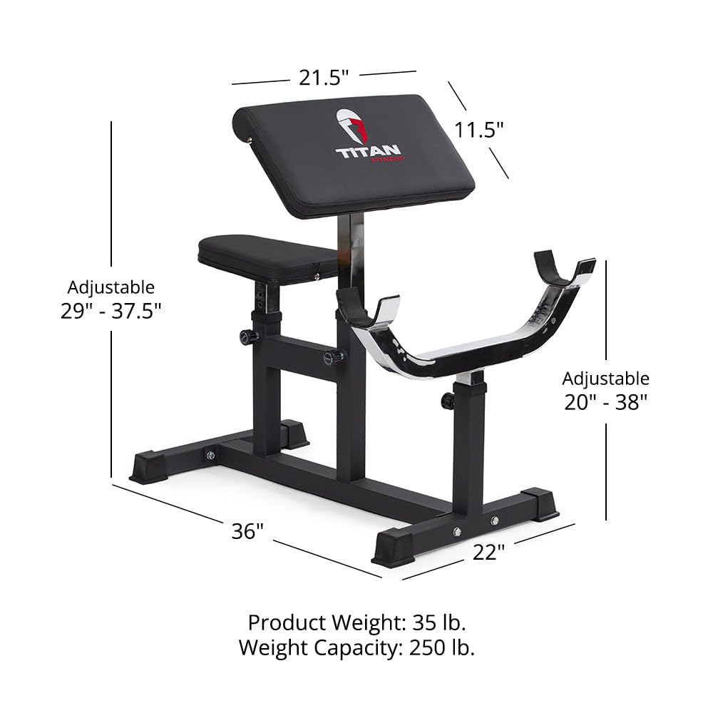 Titan Fitness Adjustable Preacher Curl Weight Station, 250 LB Capacity, Adjustable Bench Seat