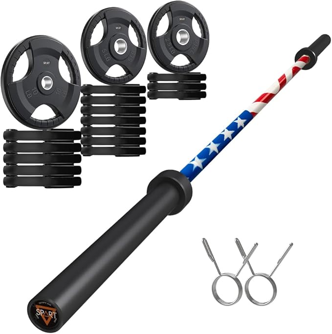7FT Olympic Barbell Bar with Weight Plate Set Combo, Solid Olympic Bar with Bearings, 700Lbs Capacity Weight Bar for Home Gym Strength Training, Weightlifting, Powerlifting, Fit for 2" Olympic Plates