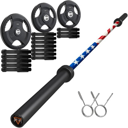 7FT Olympic Barbell Bar with Weight Plate Set Combo, Solid Olympic Bar with Bearings, 700Lbs Capacity Weight Bar for Home Gym Strength Training, Weightlifting, Powerlifting, Fit for 2" Olympic Plates