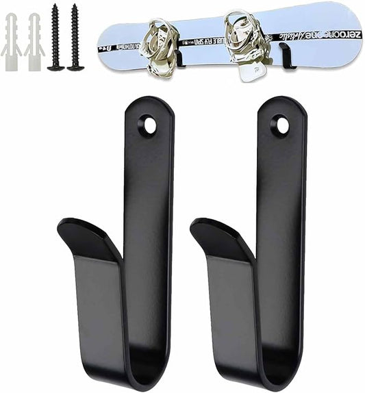 Snowboard Wall Mount & Skateboard Display Rack - Horizontal Hanger Clips for Snowboards, Longboards, Skateboards - Space Saving Storage Solution for Garage, Bedroom, Living Room (Black, 2 PCS)