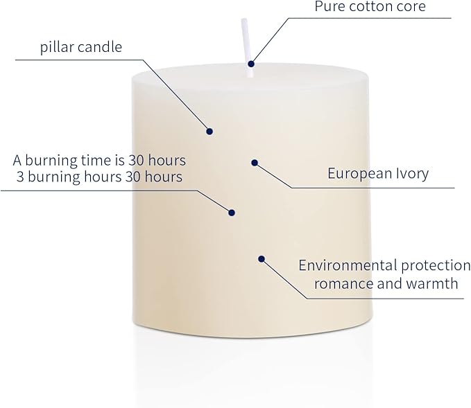 3×3 Ivory Pillar Candles Set of 3 Unscented Handpoured Weddings, Home Decoration, Restaurants, Spa, Church Smokeless Cotton Wick - Ivory 90 Hour