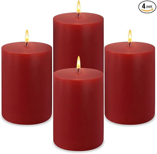 4 Packs 2x3 Inch Red Pillar Candles, Small Unscented Dripless Cylinder Candles for Christmas Home Wedding Valentin's Day Holiday Relaxation Spa Church - 24 Hours Burn Time