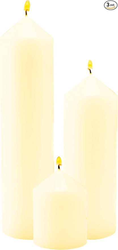3 Pcs Ivory Pillar Candles Bulk Set，Hurricane Candlesï¼? Different Lengths ，Dripless Unscented Smokeless，Gives You a Better Atmosphere When Organizing Wedding or Event Party.