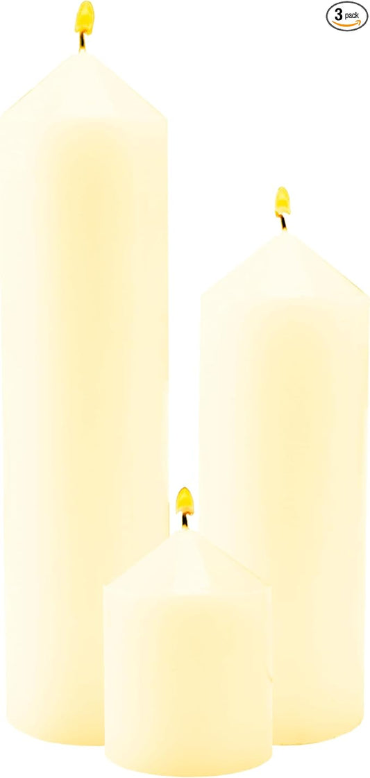3 Pcs Ivory Pillar Candles Bulk Set，Hurricane Candlesï¼? Different Lengths ，Dripless Unscented Smokeless，Gives You a Better Atmosphere When Organizing Wedding or Event Party.