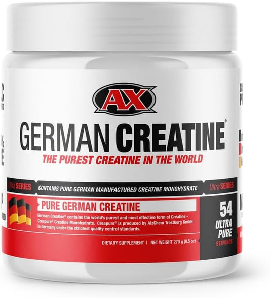 German Creatine - Micronized Creatine Monohydrate Powder, 99.99% Pure Creapure for Muscle Growth, Strength & Performance, Supports Muscle Recovery, 3rd Party Tested, Unflavored - 270g (54 Servings)