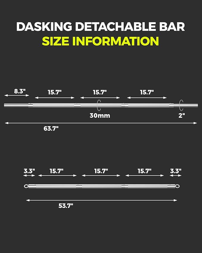 DASKING 4ft/4.9ft Barbell, 1-Inch Standard Detachable Bar, Portable Strength Training Bar for Weightlifting, Squat, Bench Press, Home Gym, 450LBS, Includes Silent Collars