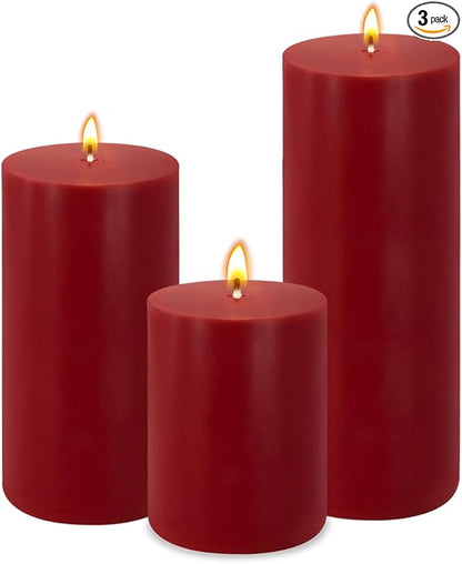 3 Packs Different Sizes Red Colored Pillar Candles, Unscented Non-Toxic 3x4, 3x6, 3x8 Inch Dripless Smokeless Cylinder Candles for Wedding, Home Decor, Dinner Table, Party, Power Outage, Emergency