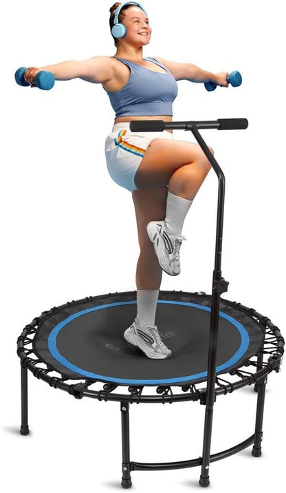 SereneLife 40"/50" Mini Trampoline for Adults - 450/550LBS Fitness Trampoline with Reinforced Springs & Adjustable Safety Handle - Stable & Quiet Supports Whole-Body Workout & Relaxation