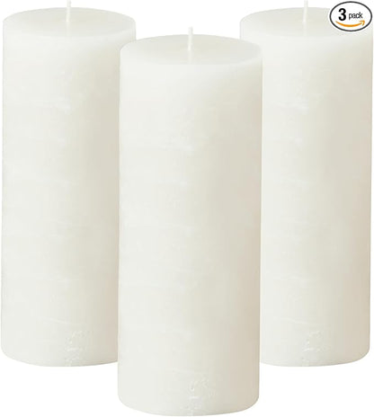 Simply Soson 3x8 inch White Pillar Candles Set of 3, Rustic Texture, Unscented White Candles, Dripless Candles, 3 inch Pillar Candles Ideal as Wedding, Parties, Spas, Dinner, Home Decoration, Church