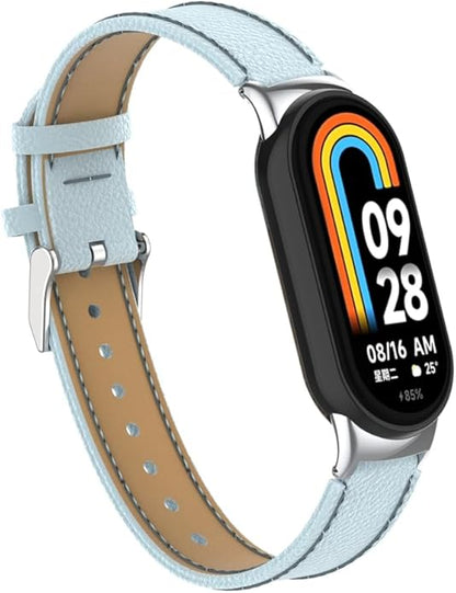 HOPMC Mi Band 8 Fashion Metal Connector Lychee Grain Leather Strap Replacement Wristbands Strap Compatible for Xiaomi Mi Smart Band 8 /8NFC /9/10（Not included Tracker ）