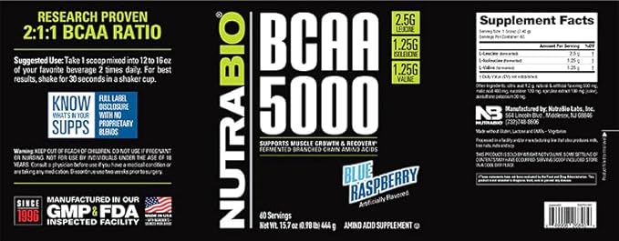 NutraBio BCAA 5000 Powder - Vegan Fermented BCAAs - Supports Lean Muscle Growth, Recovery, Endurance - 60 Servings - Blue Raspberry