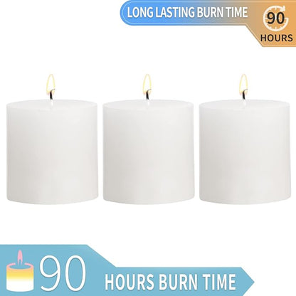 3×3 White Pillar Candles Set of 3 Unscented Handpoured Weddings, Home Decoration, Restaurants, Spa, Church Smokeless Cotton Wick 90 Hour