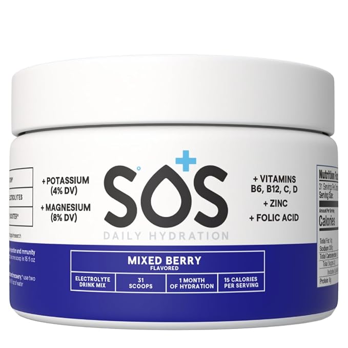 SOS Hydration Electrolyte Drink Mix (31 Servings) – Low Sugar, 15 Calorie, Keto-Friendly & Rapid Rehydration (31 Servings, Mixed Berry)