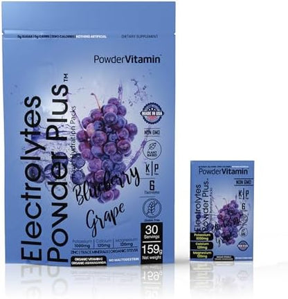 Electrolytes Powder Plus, Keto, Blueberry Grape, Zero Sugar, 1000mg Potassium, 120mg Calcium, 120mg Magnesium, Non-GMO, Zero Calories, 30 Hydration Packets
